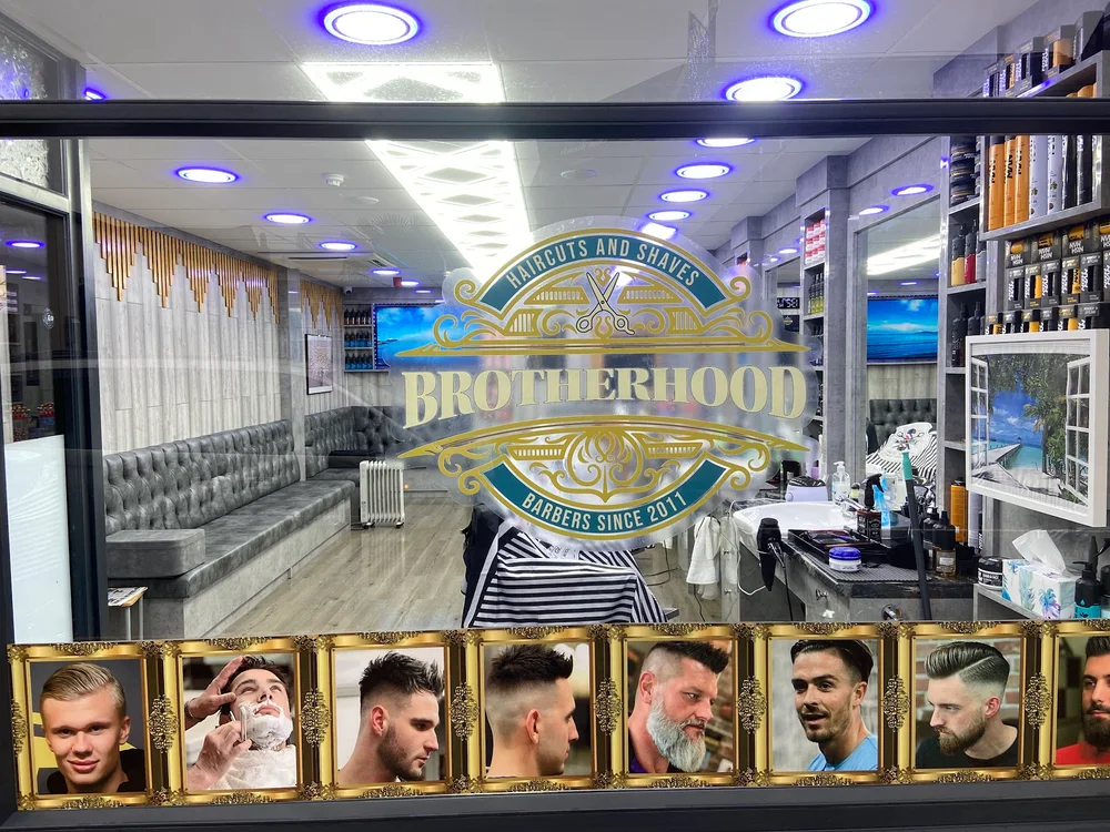 The Brotherhood logo on the window of the Ilkley shop